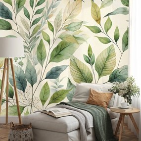 Samolepiaca tapeta zelené akvarelové listy na béžovom pozadí