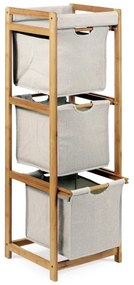 Regál, 3 zásuvky / boxy, masiv bambus, přírodní odstín, šedá látka, nosnost 9 kg