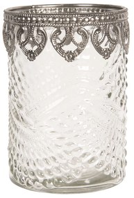 Sklenený transparentné svietnik na čajovú sviečku s kovovým zdobením - Ø 8 * 12 cm