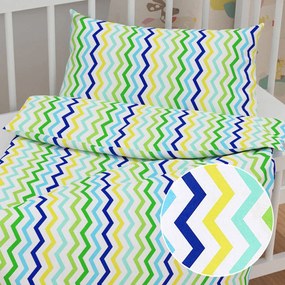 Biante Detské bavlnené posteľné obliečky do postieľky Sandra SA-378 Zeleno-modro-žlté cik-cak pásiky Do postieľky 90x140 a 50x70 cm