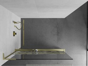 Mexen Kioto+ L, sprchová zástena Walk-In s poličkou a vešiakom 100 x 200 cm, 8mm číre sklo biely vzor, zlatý matný profil, 800-100-123-55-85