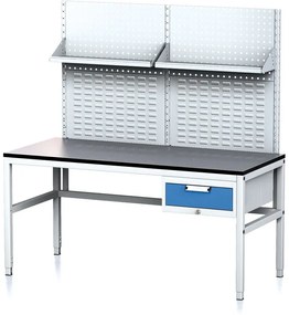 Alfa 3 Nastaviteľný dielenský stôl MECHANIC II s perfopanelom a policami, 1 zásuvkový box na náradie, 1600x700x745-985 mm, sivá/modrá