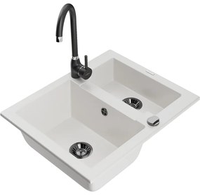 Mexen Carlos, granitový drez 582x475x177 mm, 1,5-komorový a čierna drezová batéria Telma, biela, 6518-20-670200-70