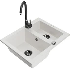 Mexen Carlos, granitový drez 582x475x177 mm, 1,5-komorový a čierna drezová batéria Telma, biela, 6518-20-670200-70
