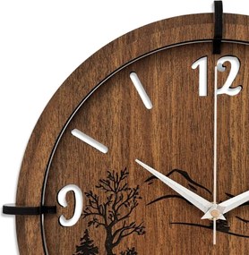 Nástenné hodiny s motívom lesa a 3D panorámou hôr | SENTOP HDF0600-WENGE