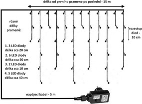 Vianočný svetelný dážď - 15m, 600 LED, teple a studeno biely