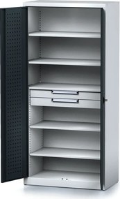 Policová dielenská skriňa 2-dverová MECHANIC, 5 políc, 2 zásuvky, 920 x 500 x 1950 mm, grafitové dvere