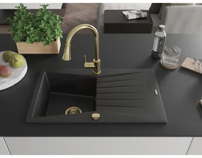 Mexen Cesar, 1-komorový granitový drez 775x470x190 mm a drezová batéria Elia, čierna-strieborná metalíza, 6514-73-670101-50