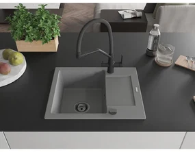 Mexen Enzo, granitový drez 576x465x174 mm, 1-komorový a drezová batéria Duo, šedá, 6506-71-671701-70-B