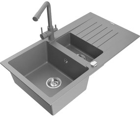 Mexen Matias, granitový drez 900x505x200 mm, 1,5-komorový a šedá batéria Duero, šedá, 6502-71-671600-71