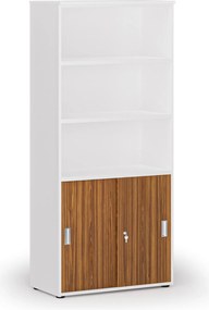 Kombinovaná kancelárska skriňa PRIMO WHITE, zasúvacie dvere na 2 poschodia, 800 x 420 x 1781 mm, biela/orech