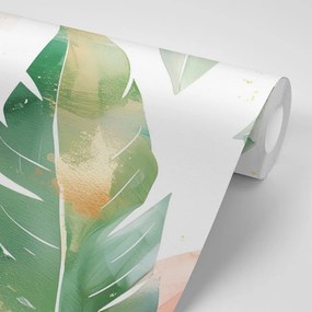 Tapeta akvarelové zeleno-broskyňové listy