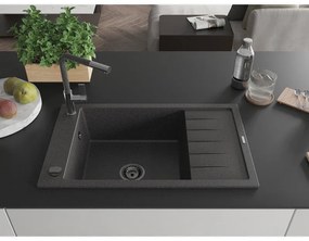 Mexen Elias, 1-komorový granitový drez 795x480x200 mm a drezová batéria Flora, čierna škvrnitá, 6511-76-670401-08-B