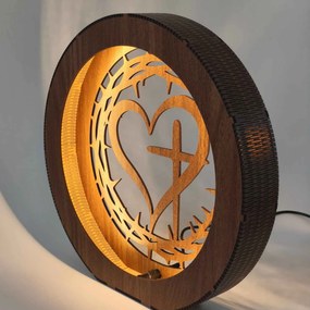 Drevená LED lampa Srdce s krížom a tŕňovou korunou | JEZUE: HDF - Orech 20 cm 4779-115090 LED0600