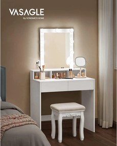 Toaletný stolík so zrkadlom a žiarovkami, 80 x 145 x 40 cm, biely