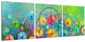 Obraz - Abstraktné kvety (s hodinami) (90x30 cm)
