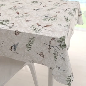 Biante Bavlnený štvorcový obrus Sandra SA-490 Lastovičky s motýlikmi na béžovom ornamente 80x80 cm