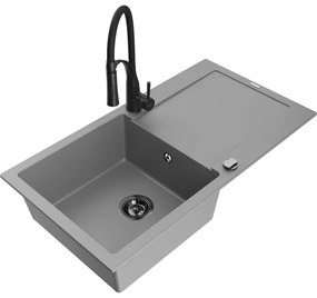 Mexen Leo, granitový drez 900x500x190 mm, 1-komorový a drezová batéria Aster, šedá, 6501-71-73450-70-B