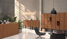 Kancelárska skriňa FRAME, biela podnož, 12x dvere, 1299 x 450 x 2185 mm, RFID zámok, orech