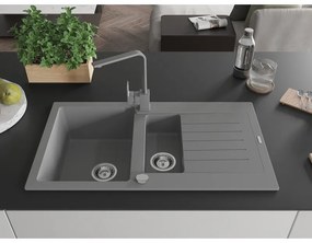 Mexen Matias, granitový drez 900x505x200 mm, 1,5-komorový a šedá batéria Rita, šedá, 6502-71-670300-71
