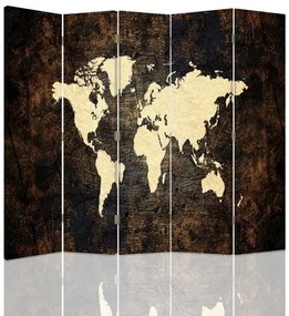 Ozdobný paraván, Mapa světa na tmavých deskách - 180x170 cm, päťdielny, klasický paraván