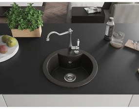 Mexen Diego, granitový drez 488x488x167 mm, 1-komorový a drezová batéria Carla, čierna-zlatá metalíza, 6512-75-670700-00