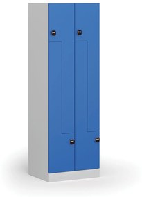 Kovová šatníková skrinka Z, 4 oddiely, 1850 x 600 x 500 mm, zámok s čítačkou RFID kariet, modré dvere