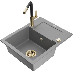 Mexen Enzo, 1-komorový granitový drez 576x465x174 mm a drezová batéria Flora, šedá, 6506-71-670401-57-G