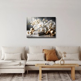 Sklenený obraz - Orchidea a zlaté gule (70x50 cm)