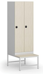 Šatníková skrinka s lavičkou, 2 oddiely, 1875 x 600 x 500/800 mm, demont, zámok s čítačkou RFID kariet, laminované dvere, breza