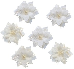 Vianočná dekorácia Poinsettia so štipcom biela, súprava 6 ks