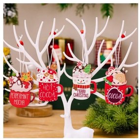 Sada vianočných drevených ozdôb HOT DRINKS, 12 ks