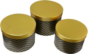 Set 3ks čierno-zlatý okrúhly úložný box s kvetmi Ø 25*17 / Ø 23*16 / Ø 21*14 cm