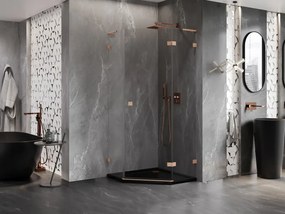 Mexen Lunar, L päťuholníkový sprchový kút s pravým sklonom 80 x 80 cm, 8mm číre sklo, profil medená matná, 831L-080P-080L-65-00-P