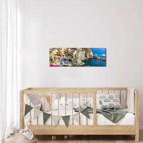 Obraz - Talianska dedinka Manarola (s hodinami) (90x30 cm)