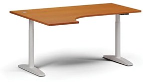 Výškovo nastaviteľný stôl OBOL, elektrický, 675-1325 mm, rohový ľavý, doska 1800x1200 mm, biela zaoblená podnož, čerešňa