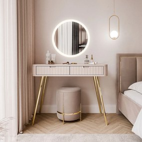Toaletný stolík CORA II kašmír + zlatá + led zrkadlo