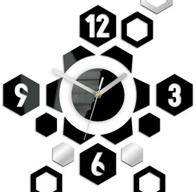 3D nalepovacie hodiny Hexagon čierno-zrkadlové