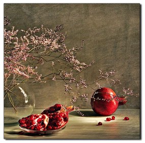 Obraz na plátne - Zátišie - vetva a granátové jablko - štvorec 3274A (80x80 cm)