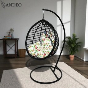 Závesné hojdacie kreslo TOBAGO - čierne + kvetované vankúše