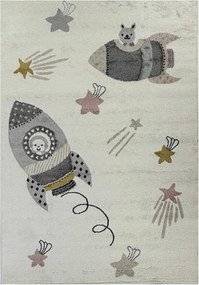 TA Béžový detský koberec C5646A_8S1_57 WHITE / L.PINK ANIMAL s medvedíkmi v rakete a hviezdičkami Rozmer: 80x150 cm