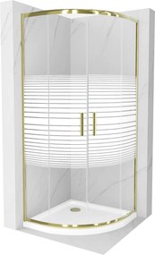 Mexen Rio, štvrťkruhový sprchovací kút 90(dvere)x90(dvere)x190 cm, 5mm číre sklo s pásikmi, zlatý profil + biela sprchová vanička SLIM, 863-090-090-50-20-4110G