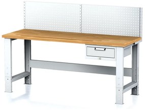 Nastaviteľný dielenský stôl MECHANIC I, závesný box na náradie, nadstavba, 1 zásuvka, 2000x685x700-1055 mm, sivé