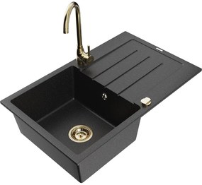 Mexen Bruno, 1-komorový granitový drez s odkvapkávačom 795x495x200 mm a zlatá kuchynská batéria Telma, čierna - strieborná metalíza, 6513-73-670200-50