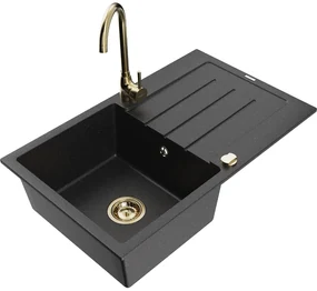 Mexen Bruno, 1-komorový granitový drez s odkvapkávačom 795x495x200 mm a zlatá kuchynská batéria Telma, čierna - strieborná metalíza, 6513-73-670200-50