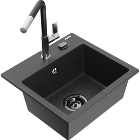 Mexen Milo, 1-komorový granitový drez 435x410x171 mm a drezová batéria Flora, čierna škvrnitá, 6505-76-670401-07-B