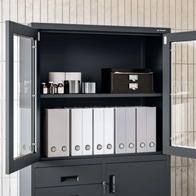 Kovová spisová skriňa so zásuvkami, vitrínou a trezorom FILIP, 900 x 1850 x 400 mm, antracitová