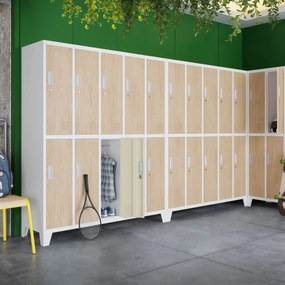 Kovová šatňová boxová skriňa na nôžkach s 10 boxami BARTEK, 1360 x 1720 x 450 mm, Eco Design: biela/ dub sonoma