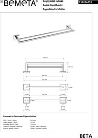Bemeta Design BETA: Držiak uterákov, 600 mm, dvojitý - 132204052