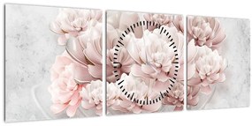 Obraz - Ružové kvety na stene (s hodinami) (90x30 cm)